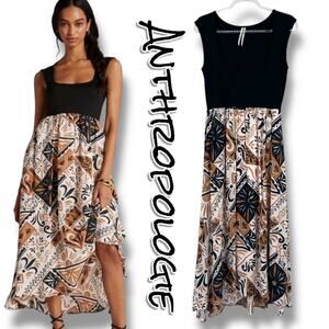 Anthropologie Sleeveless Maxi Dress Black Bodice Abstract Skirt Pockets Womens S